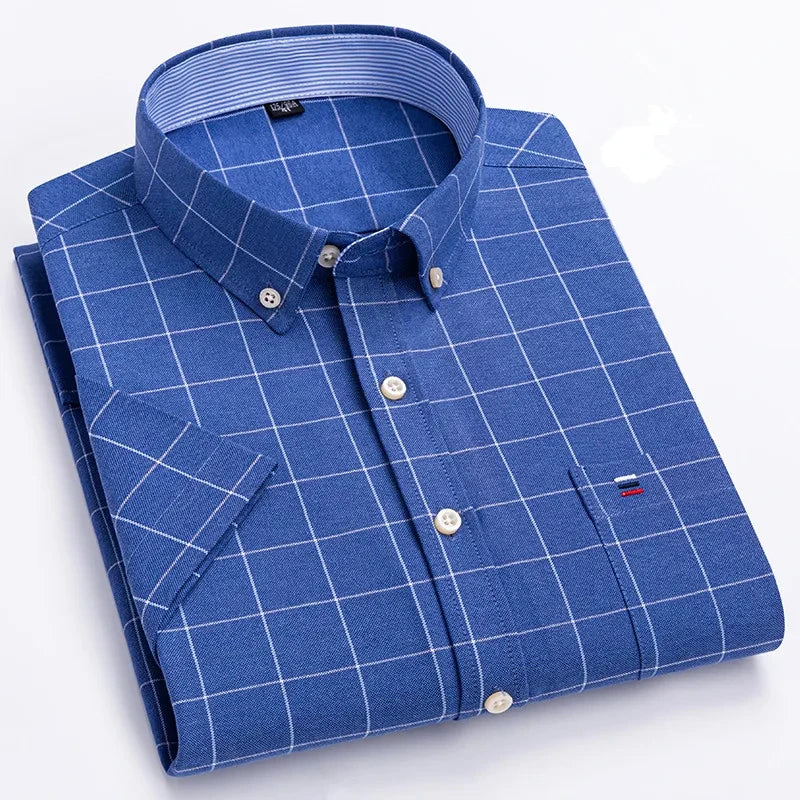 Men's high-quality Oxford cotton short sleeved shirt for summer comfort breathable classic solid color plaid business leisure Quick Pick Grocers